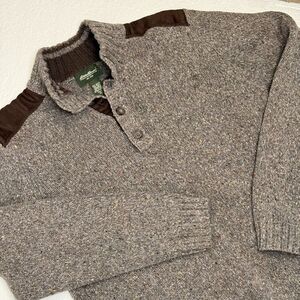 VTG Eddie Bauer Tweed 1/4 Button Mock Neck Sweater Pullover Mens XL TALL Suede